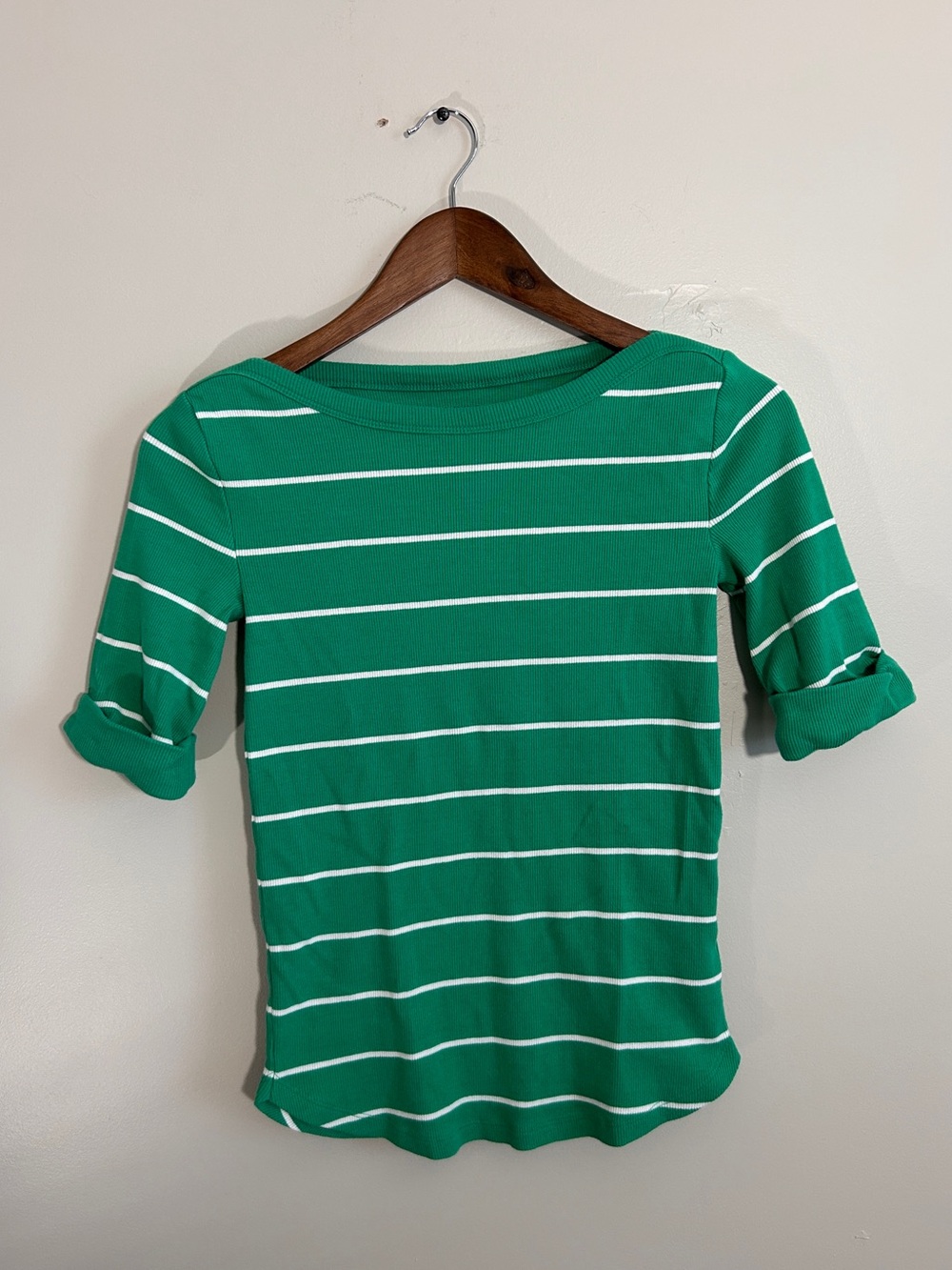 Talbots Green and White Striped Boatneck Tee
